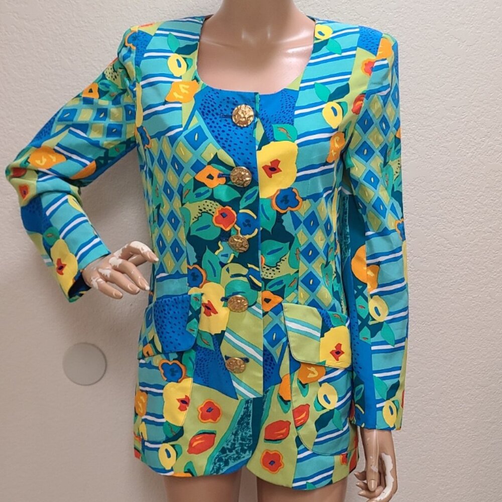 VINTAGE 80s RICKIE FREEMAN for TERI JON 100% SILK BLAZER JACKET LEMON PRINT sz 4